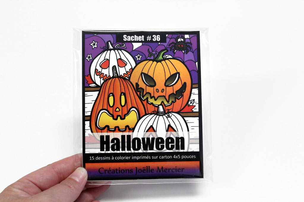 Sachet #36 Halloween, inclus 15 dessins à colorier, imprimés sur carton, format 4x5 pouces